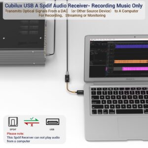 Cubilux USB A SPDIF Input Adapter for PC [Stereo Recording ONLY, NOT for Playing Audio] USB Optical Line-in Dongle, Toslink to USB Receiver, USB A SDPIF RX Interface Suitable for Laptop Computer