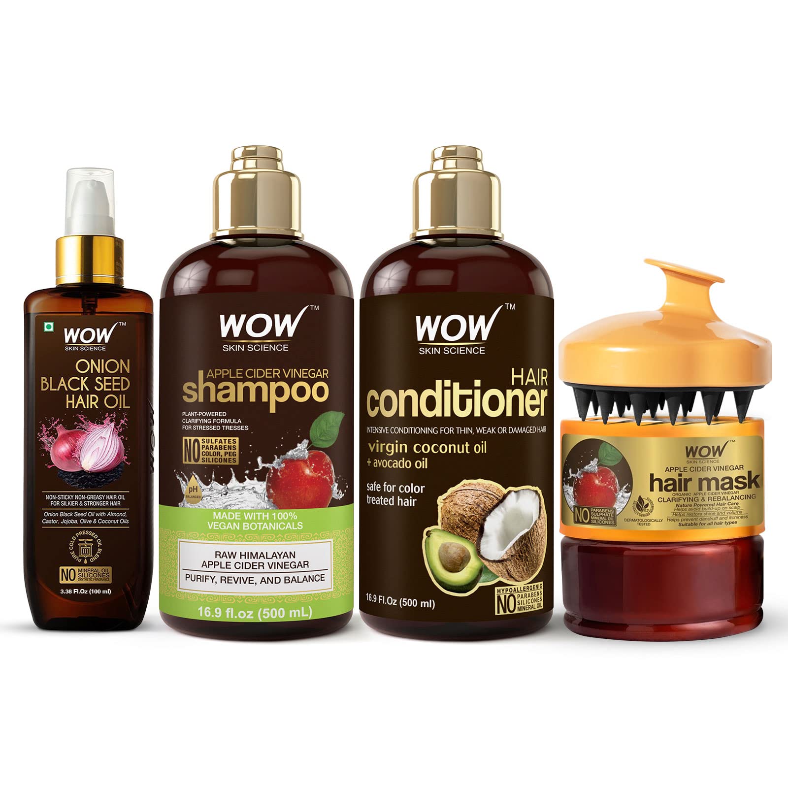 WOW Skin Science Apple Cider Vinegar Shampoo & Conditioner Set, Hydrating Hair Mask, Revitalizing Onion Oil and Scalp Massager