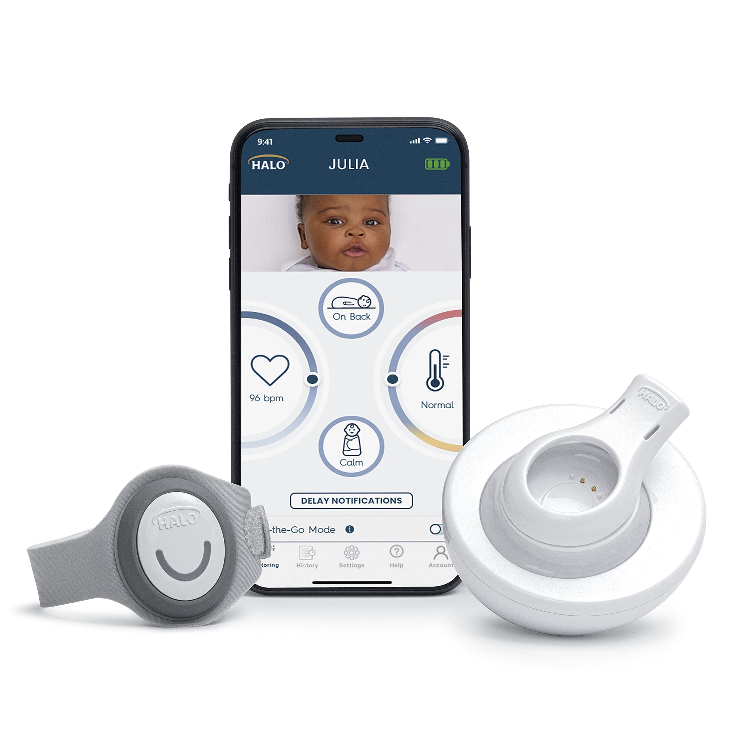 HALO SleepSure Smart Baby Monitor - Live Heart Rate View, Rollover, Skin Temperature, and Motion Notifications with On-The-Go Monitoring, Historic Sleep Data, Customizable Settings – Gray