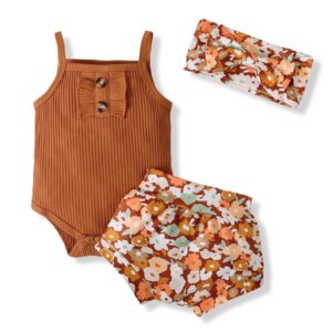 grnshts infants baby girls summer shorts set knit sleeveless romper bodysuit+floral bloomers+headband clothes outfit (brown, 3-6months)