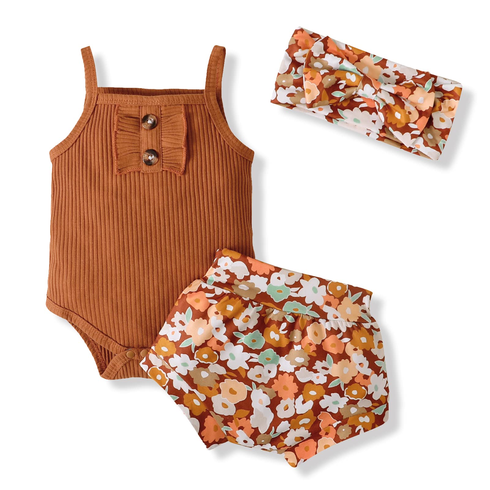 GRNSHTS Infants Baby Girls Summer Shorts Set Knit Sleeveless Romper Bodysuit+Floral Bloomers+Headband Clothes Outfit (Brown, 3-6Months)