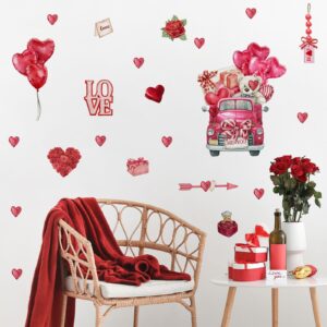 Valentine's Day Love Wall Decals Red Truck Balloon Window Clings Wall Stickers Rose Diamond Ring Romantic Decals Removable Peel and Stick Murals for Home Bedroom Living Room Wedding Anniversary Decor