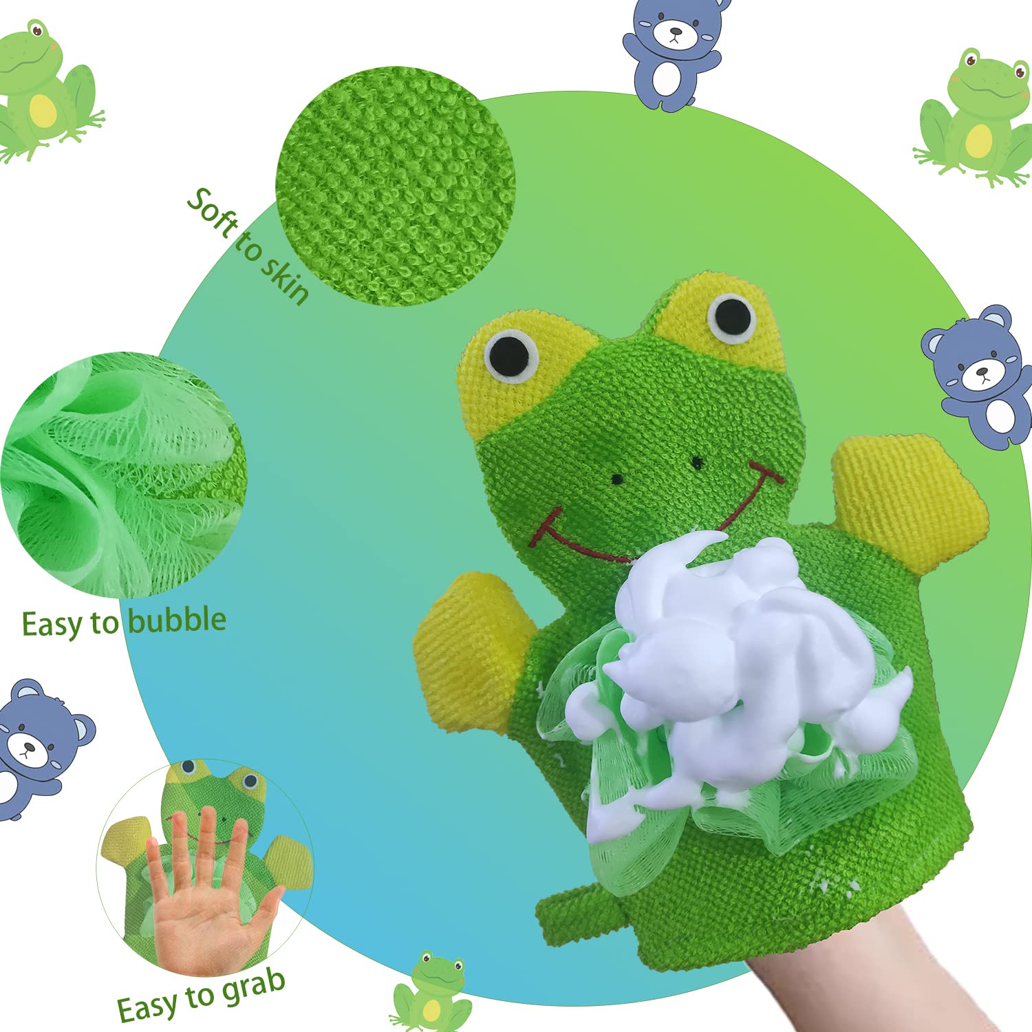 Kids Bath Mitts Loofah for Kids 2 Pack Exfoliating Glove Body Scrubber for Shower Wash Cute Design Gloves, Easy to Lather