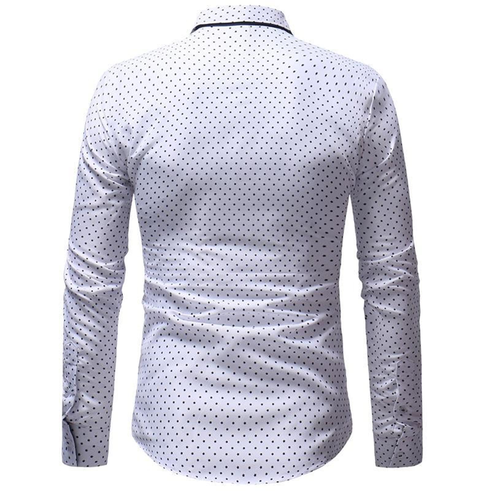 Mens Polka Dots Dress Shirts Casual Classic Printed Long Sleeve Shirt Turn-Down Collar Slim Fit Button Down Shirt (White,Large)