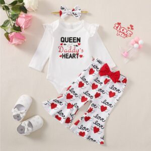 Singcoco Newborn Girl Valentine's Day Clothes Baby Queen Of Daddy's Heart Flare Pant Outfit (White, 3-6 Months)