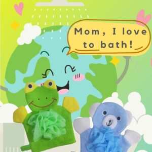 Kids Bath Mitts Loofah for Kids 2 Pack Exfoliating Glove Body Scrubber for Shower Wash Cute Design Gloves, Easy to Lather