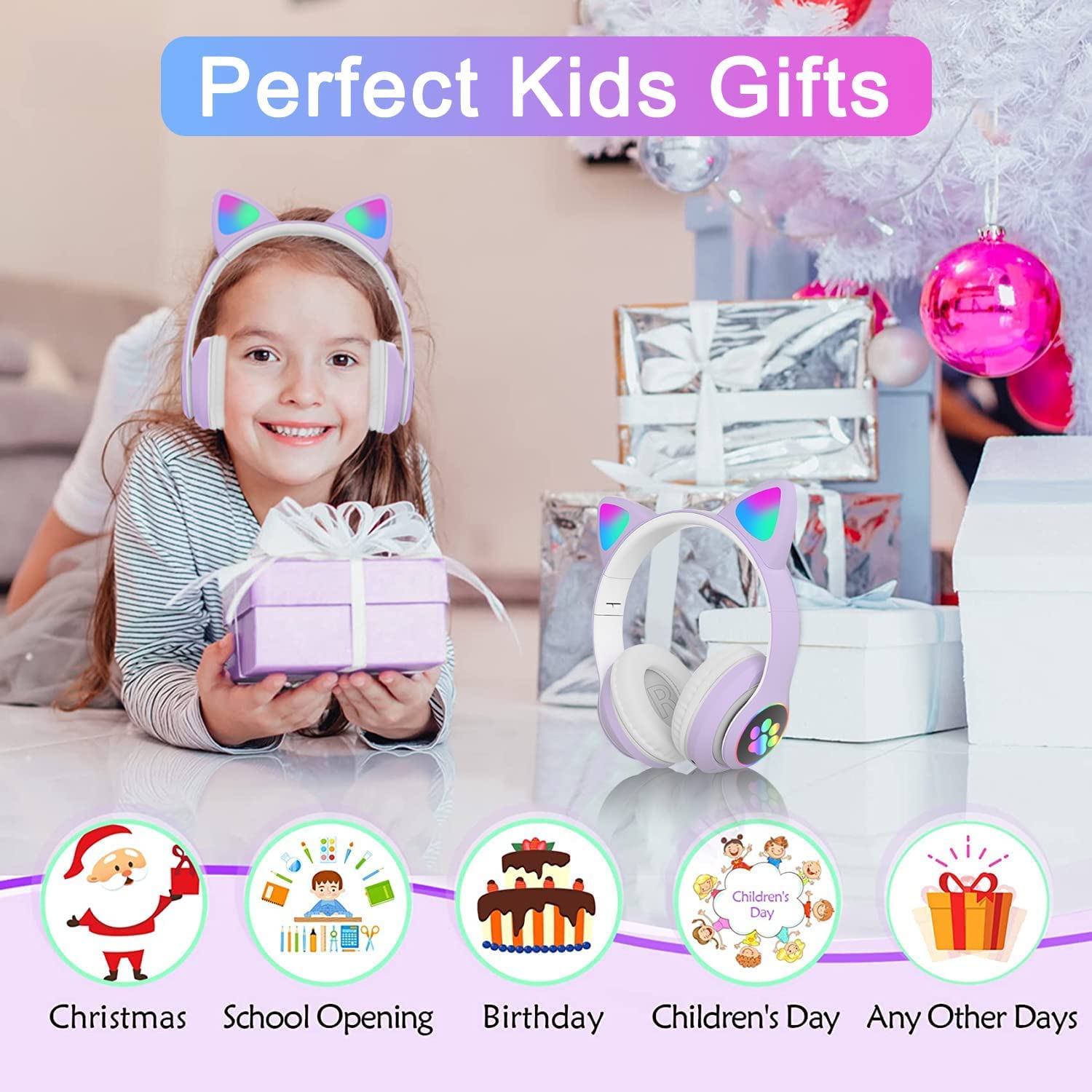 KERHAND Bluetooth Headphones for Kids, Cute Ear Cat Ear LED Light Up Foldable Headphones Stereo Over Ear with Microphone/TF Card Wireless Headphone for iPhone/iPad/Smartphone/Laptop/PC/TV (Purple)