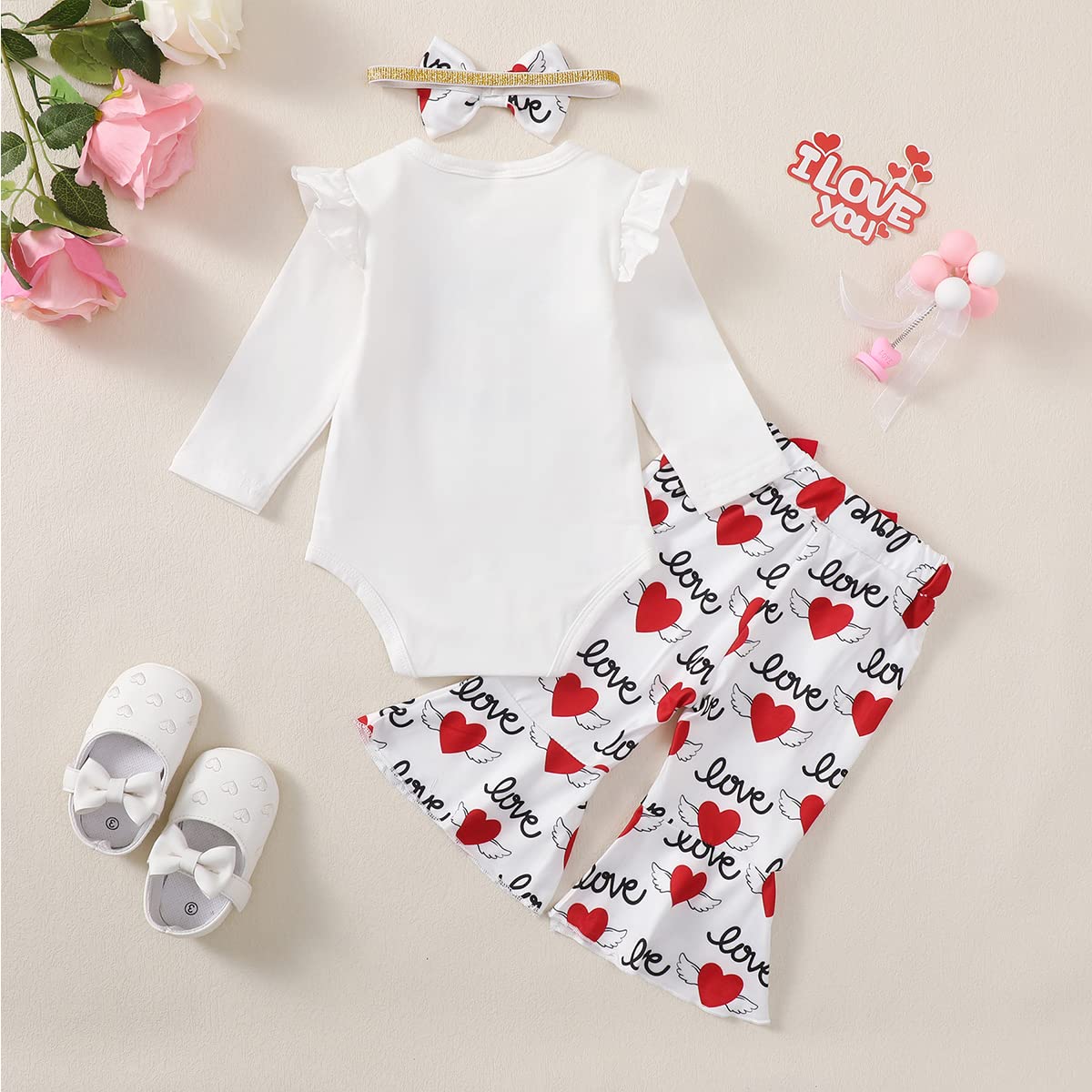 Singcoco Newborn Girl Valentine's Day Clothes Baby Queen Of Daddy's Heart Flare Pant Outfit (White, 3-6 Months)