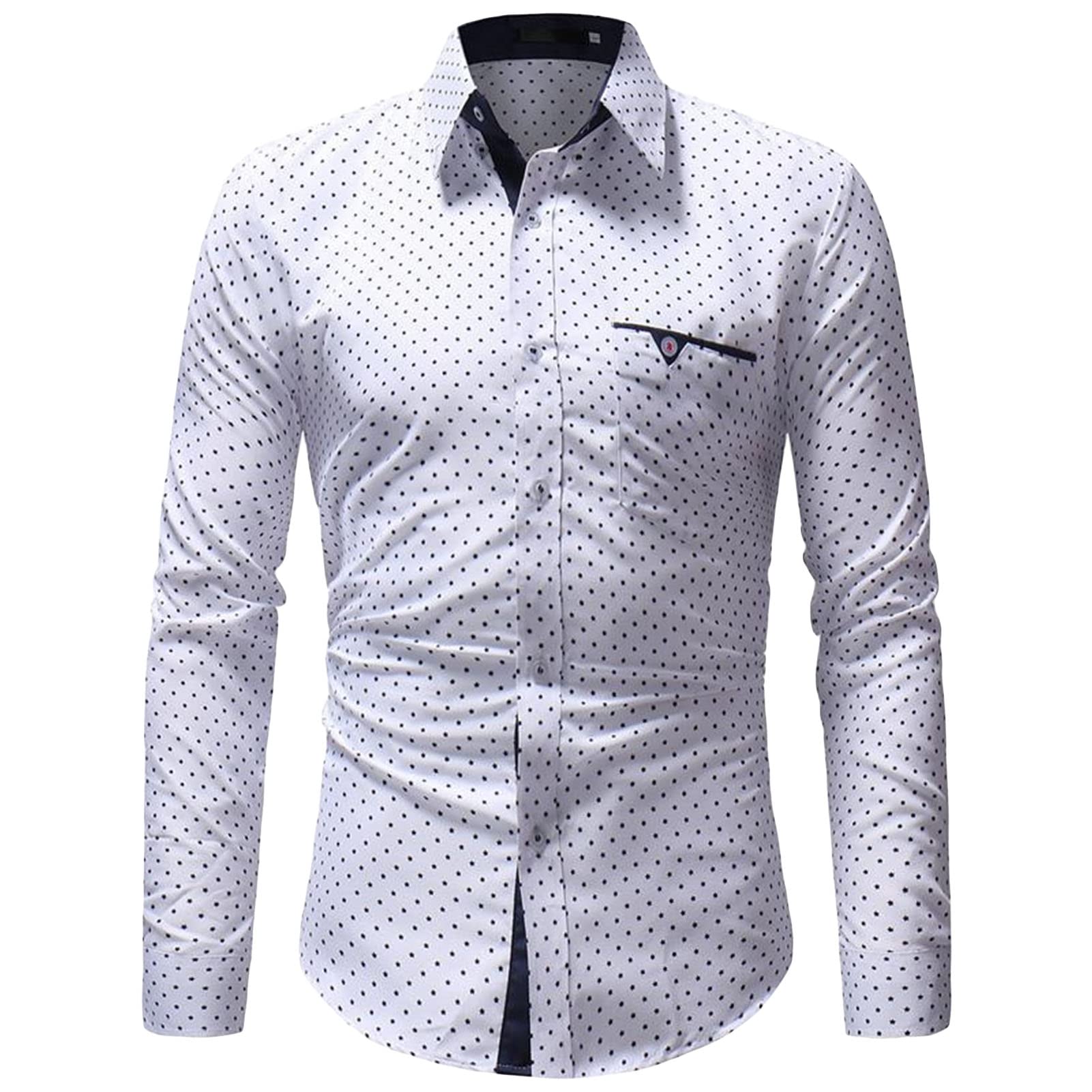 Mens Polka Dots Dress Shirts Casual Classic Printed Long Sleeve Shirt Turn-Down Collar Slim Fit Button Down Shirt (White,Large)