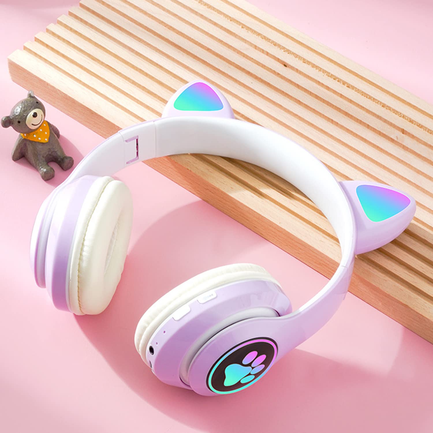 KERHAND Bluetooth Headphones for Kids, Cute Ear Cat Ear LED Light Up Foldable Headphones Stereo Over Ear with Microphone/TF Card Wireless Headphone for iPhone/iPad/Smartphone/Laptop/PC/TV (Purple)