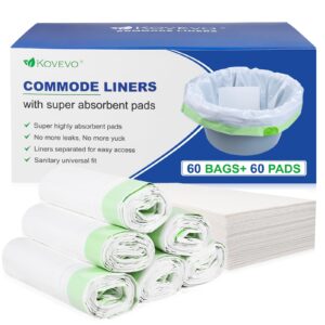 kovevo 60 pack commode liners with absorbent pads, 60 bedside commode liners and 60 commode pads, portable toilet liners for commode bucket | universal fit | make cleanup simple