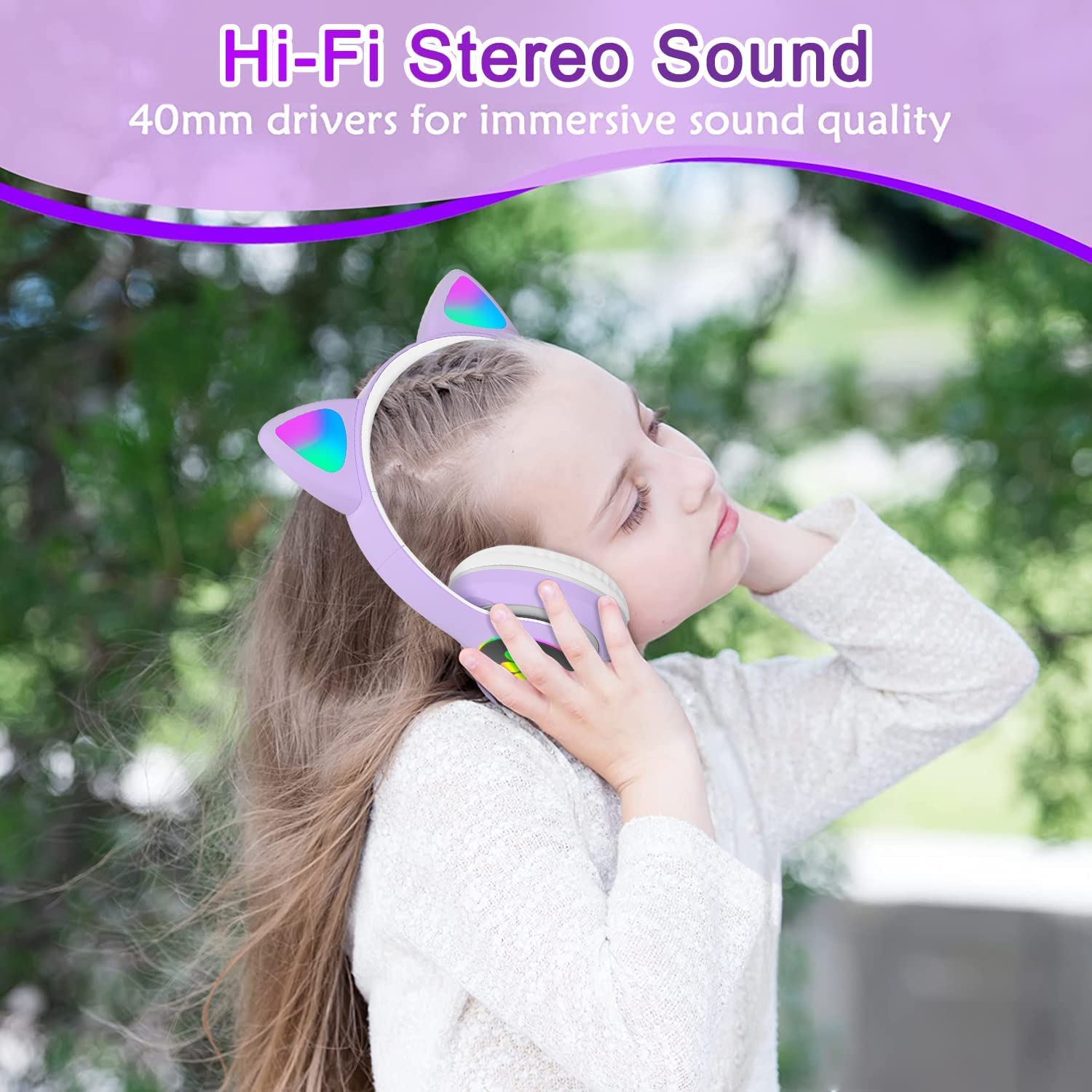 KERHAND Bluetooth Headphones for Kids, Cute Ear Cat Ear LED Light Up Foldable Headphones Stereo Over Ear with Microphone/TF Card Wireless Headphone for iPhone/iPad/Smartphone/Laptop/PC/TV (Purple)