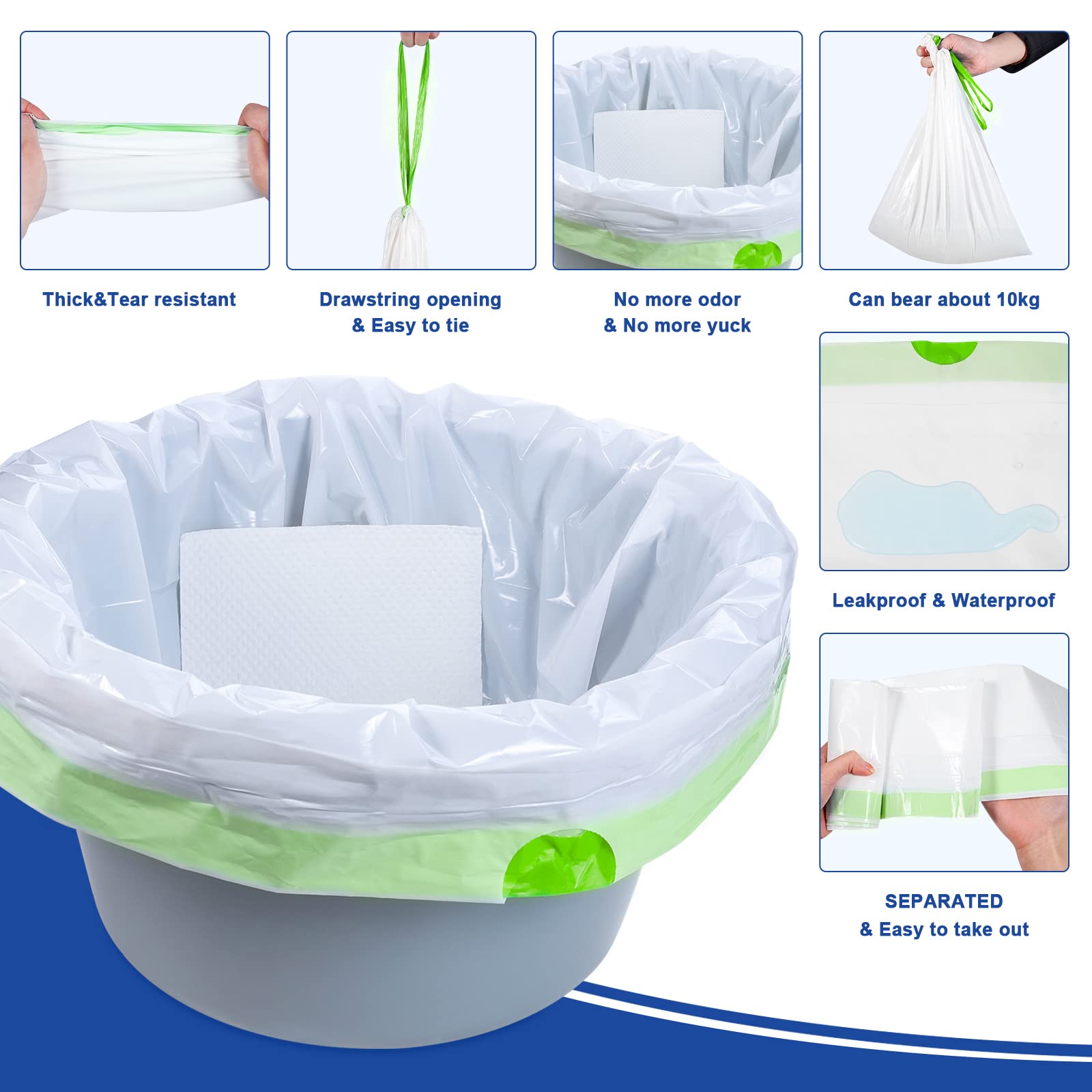 Kovevo 60 Pack Commode Liners with Absorbent Pads, 60 Bedside Commode Liners and 60 Commode Pads, Portable Toilet Liners for Commode Bucket | Universal Fit | Make Cleanup Simple