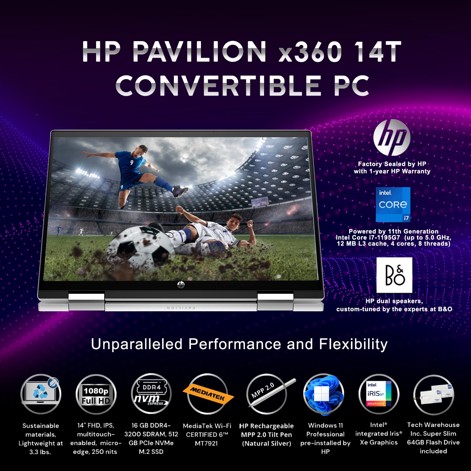 HP Pavilion x360 Laptop 14 i7-1195G7 11th Gen, 16GB RAM, 512 GB SSD, 14" FHD Touch, Win 11 Pro, Wi-Fi 6, Tilt Pen, Silver, B&O Audio, 3.3lbs, 64 GB TW Flashdrive