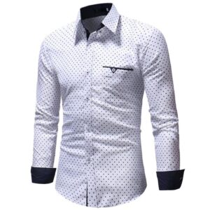 Mens Polka Dots Dress Shirts Casual Classic Printed Long Sleeve Shirt Turn-Down Collar Slim Fit Button Down Shirt (White,Large)