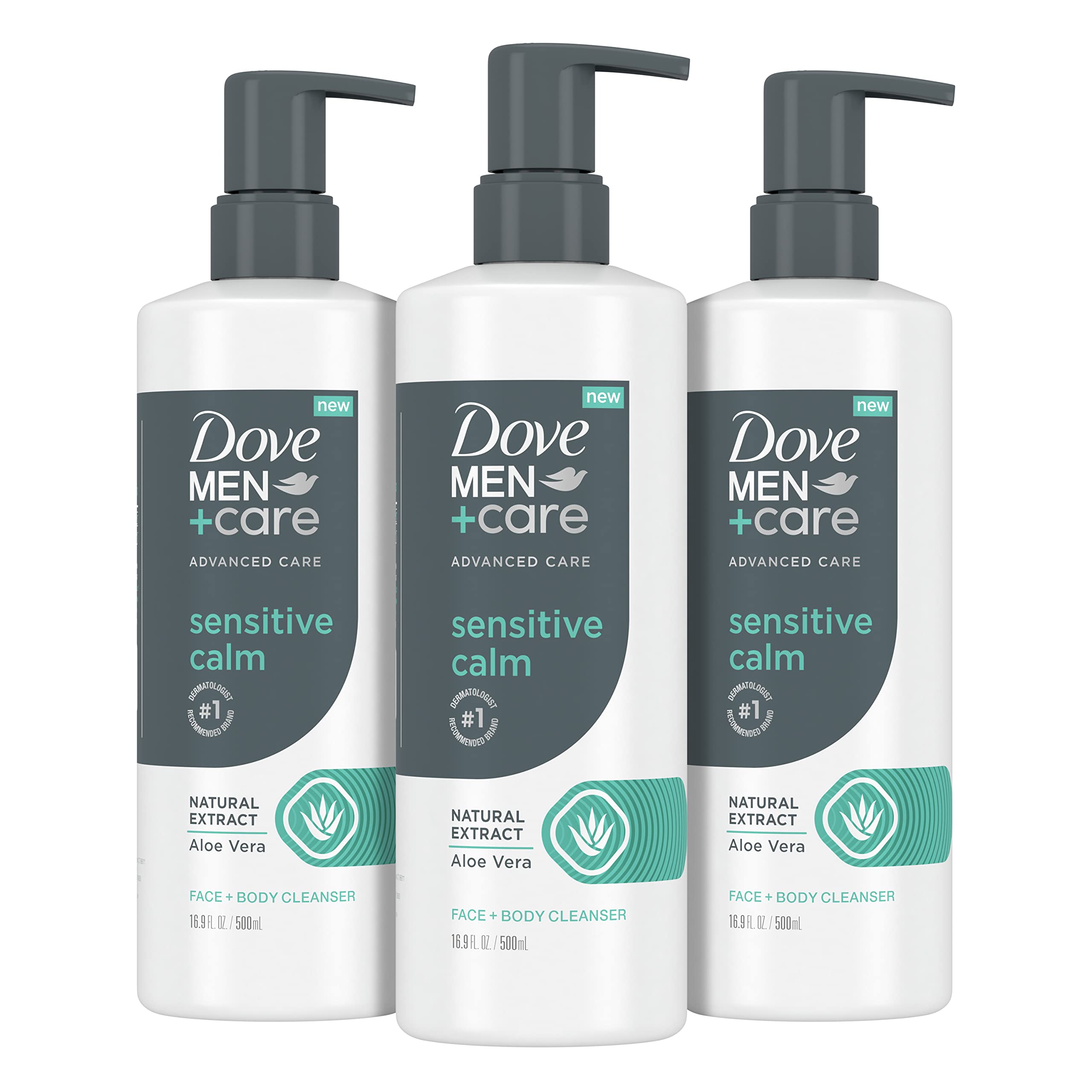 DOVE MEN + CARE Advanced Care Face + Body Cleanser Sensitive Calm 3 Count for Sensitive Skin Body Wash with Natural Extract Aloe Vera 16.9 oz