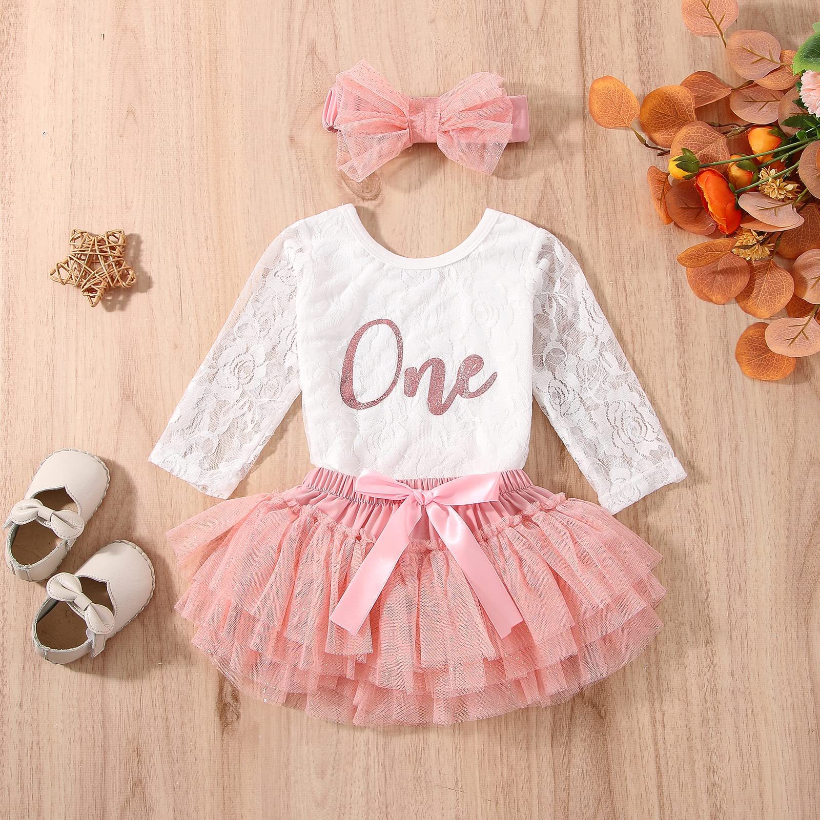 LUZOZEZO Newborn Baby Girl 1st Birthday Infant Outfit One Cotton Lace Romper Tulle Princess Tutu Skirt Dress Jumpsuit Bodysuit Clothes