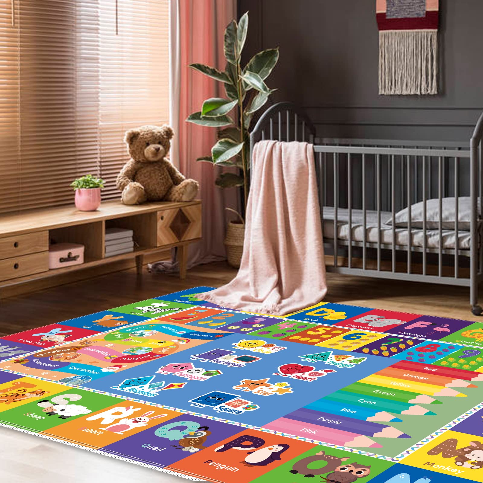 Mhconneaty Kids Play Mat Kids Rug for Playroom, 59x39.4 Inches Floor Mat for Baby Play Mat Playtime Collection ABC, Numbers, Animals, Month, Season Educational Area Rug for Kids Room Classroom