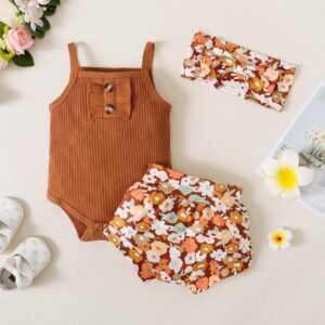 GRNSHTS Infants Baby Girls Summer Shorts Set Knit Sleeveless Romper Bodysuit+Floral Bloomers+Headband Clothes Outfit (Brown, 3-6Months)