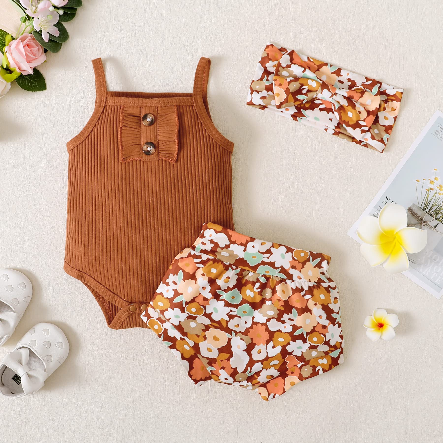 GRNSHTS Infants Baby Girls Summer Shorts Set Knit Sleeveless Romper Bodysuit+Floral Bloomers+Headband Clothes Outfit (Brown, 3-6Months)