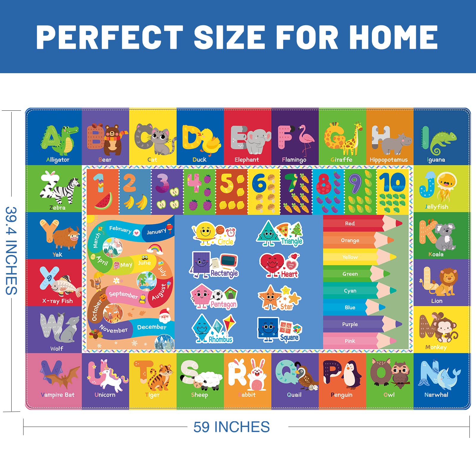 Mhconneaty Kids Play Mat Kids Rug for Playroom, 59x39.4 Inches Floor Mat for Baby Play Mat Playtime Collection ABC, Numbers, Animals, Month, Season Educational Area Rug for Kids Room Classroom