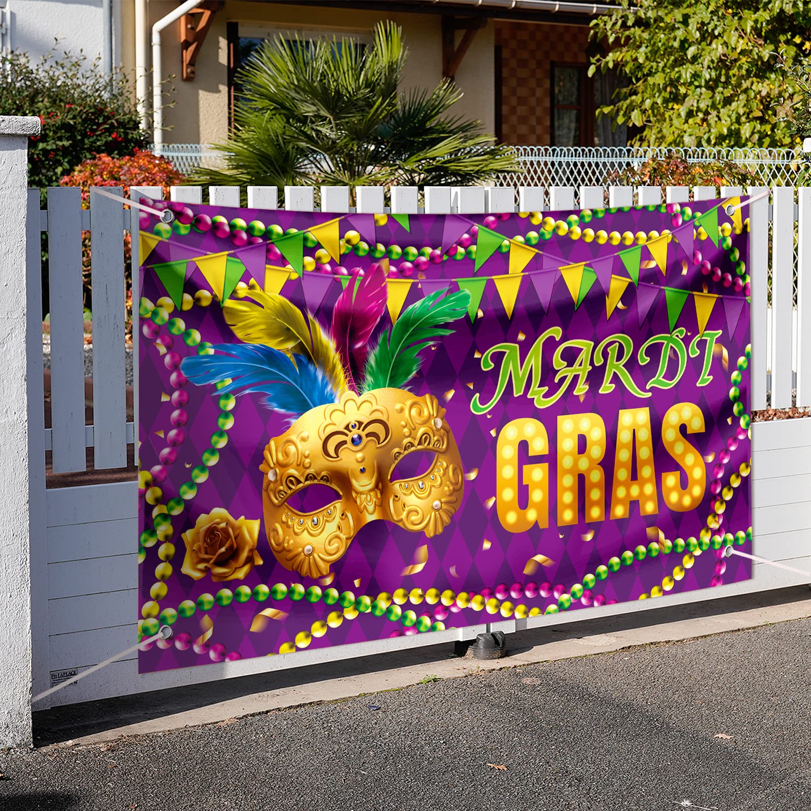 Large Mardi Gras Banner Decorations Purple Green Yellow Carnival Garden Flag Outdoor 72x44 Inch, Mardi Gras Gifts for Indoor Home House Decor Party Supplies, Yard Sign Background for Photography