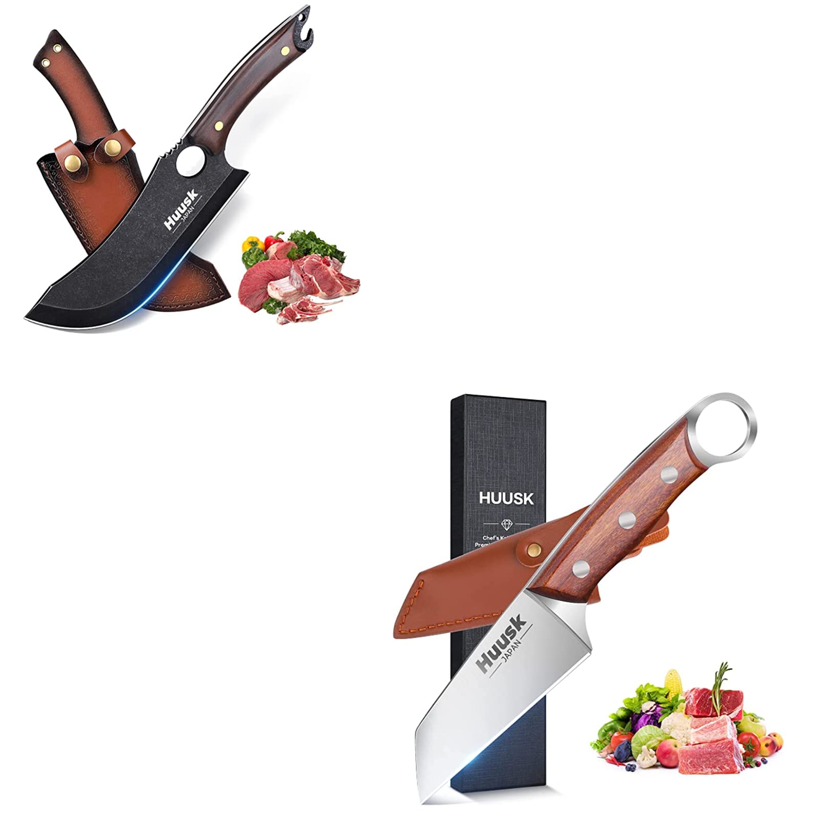 Huusk Hand Forged Meat Cleaver Knives Bundle with Outdoor Cooking Knife for Kitchen BBQ Fishing