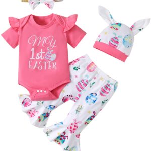 Aslaylme Newborn Girl Easter's Day Clothes Baby Easter Egg Flare Pant Outfit My 1st Easter's Day Bodysuit (Pink-1st,0-3 Months)