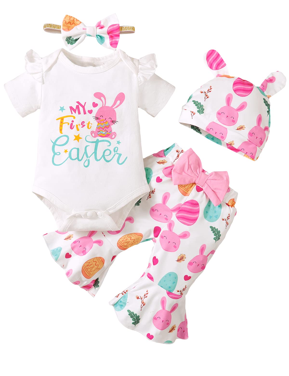 Happidoo Newborn Girl Easter Day Clothes Baby Easter Rabbit Flare Pant Outfit My First Easter Bunny Bodysuit (White, 0-3 Months)