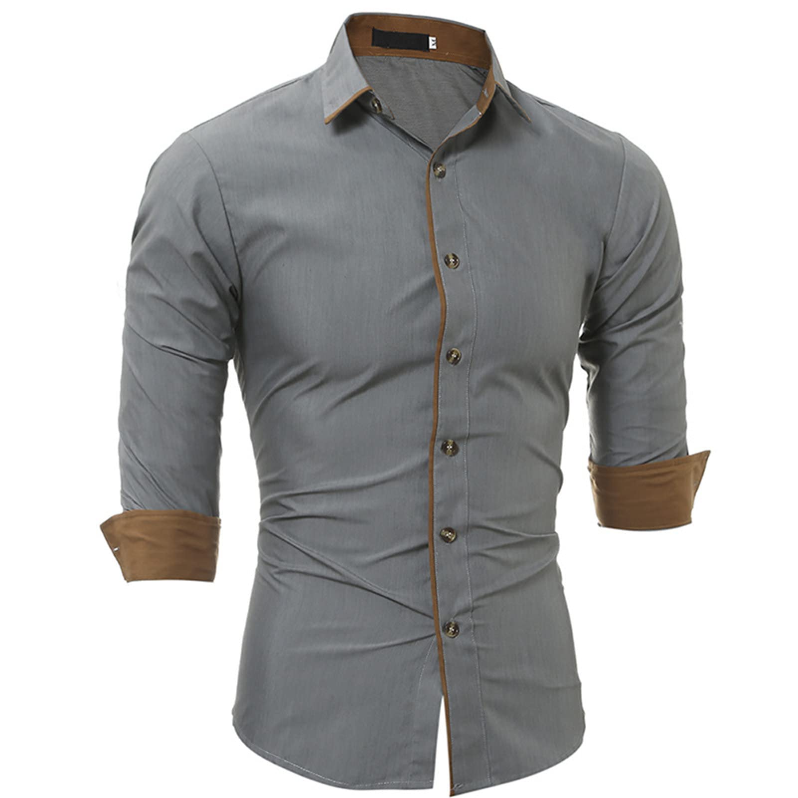 Men Roll Up Sleeve Stylish Shirts Casual Solid Color Lightweight Slim Shirt Classic Hiking Button Down Dress Shirt (Grey,X-Large)