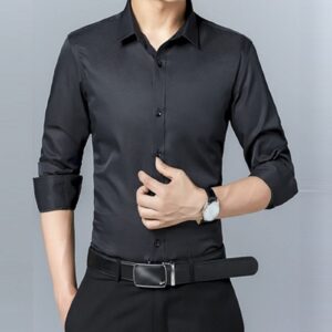 Long Sleeve Stylish Shirts for Men Solid Color Lightweight Slim Shirts Classic Business Button Down Dress Shirt (Black,3X-Large)