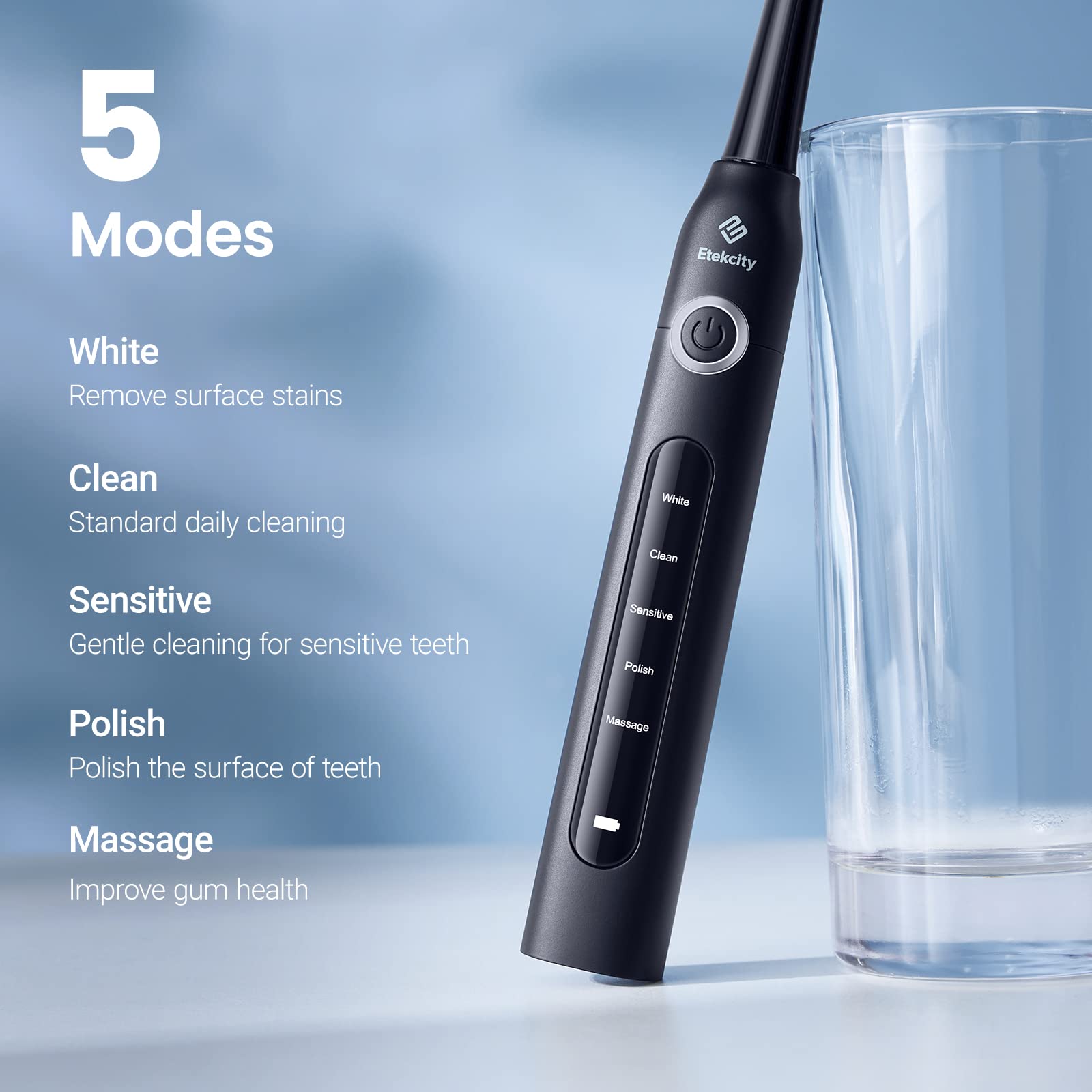 Electric Toothbrush for Adults and Kids, Etekcity Sonic Rechargeable 2 Minutes Smart Timer, 8 Soft High-Density Brush Heads with 5 Modes & Travel Case, Black