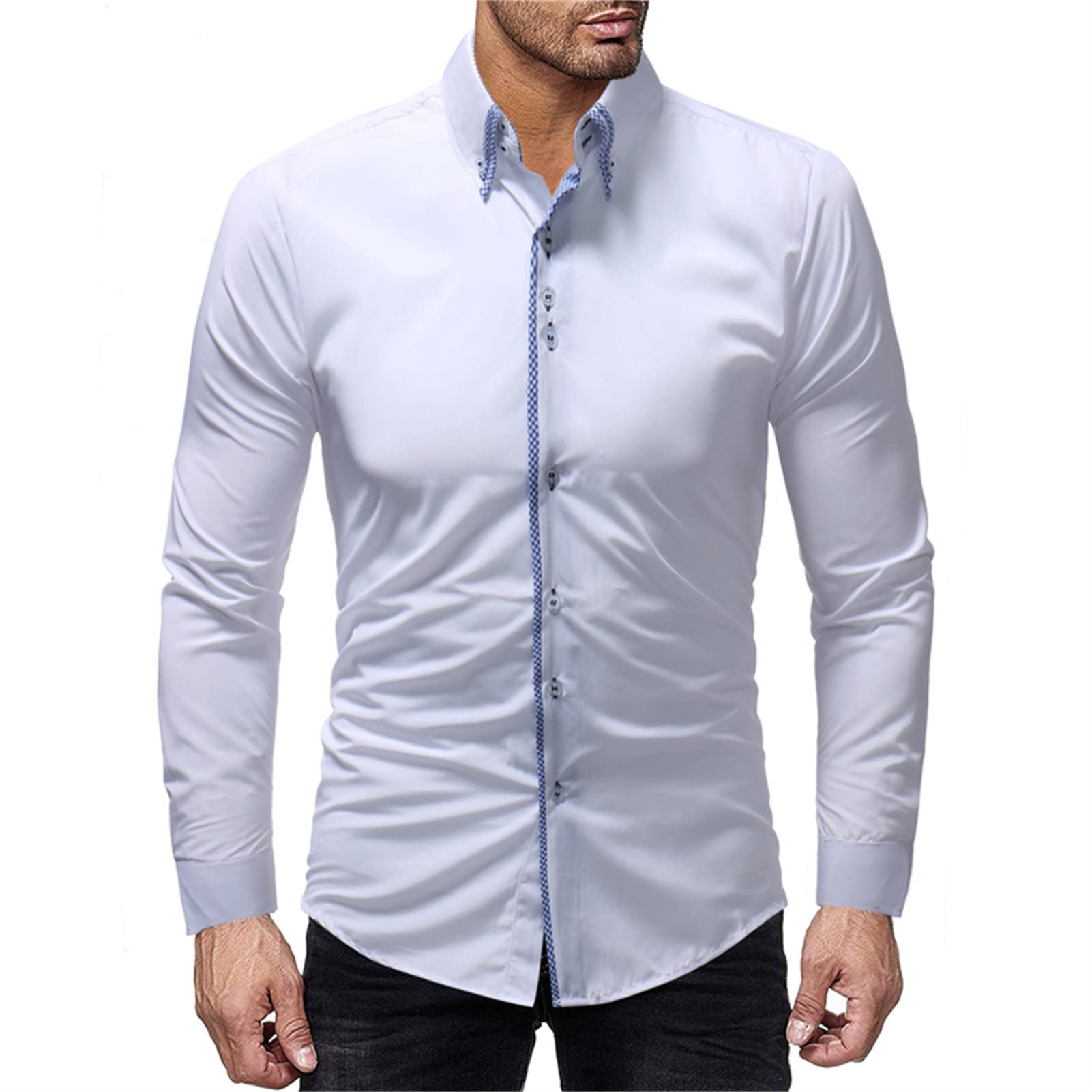 Men's Long Sleeve Button Down Shirts Casual Turn-Down Collar Slim Fit Shirts Classic Stylish Business Dress Shirts (White,XX-Large)