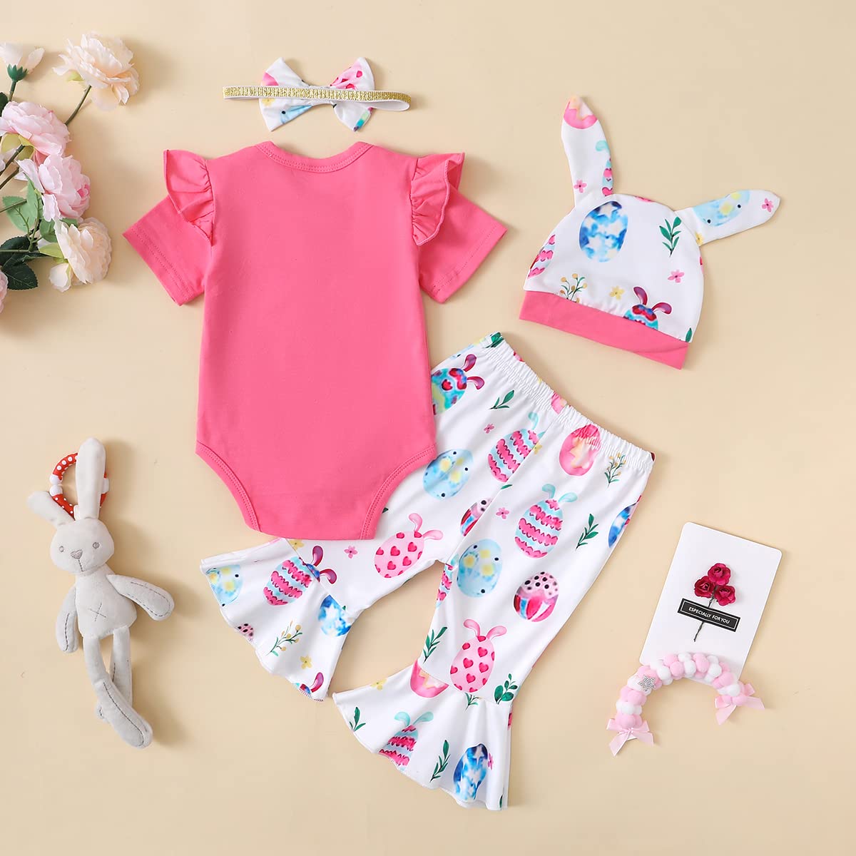 Aslaylme Newborn Girl Easter's Day Clothes Baby Easter Egg Flare Pant Outfit My 1st Easter's Day Bodysuit (Pink-1st,0-3 Months)