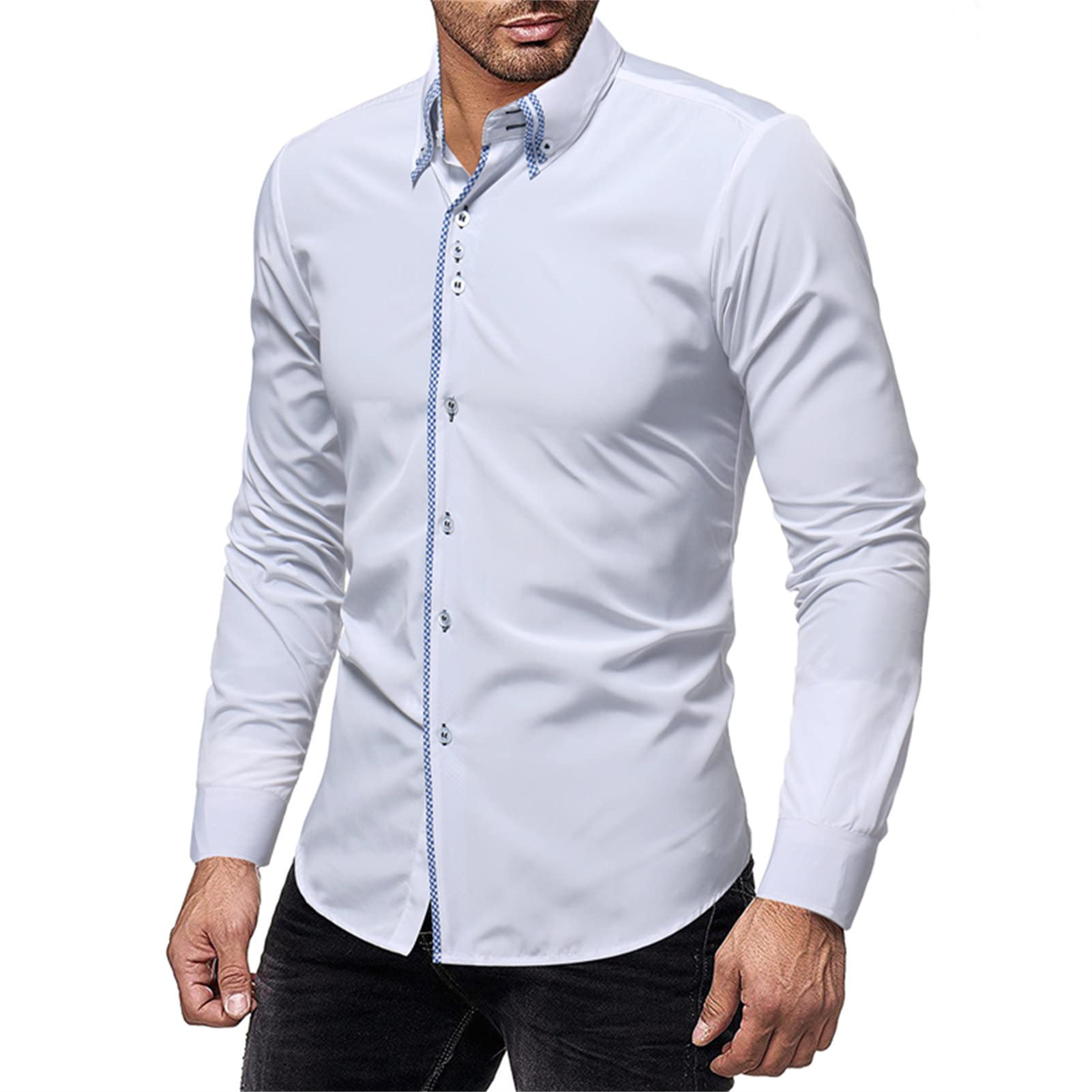 Men's Long Sleeve Button Down Shirts Casual Turn-Down Collar Slim Fit Shirts Classic Stylish Business Dress Shirts (White,XX-Large)