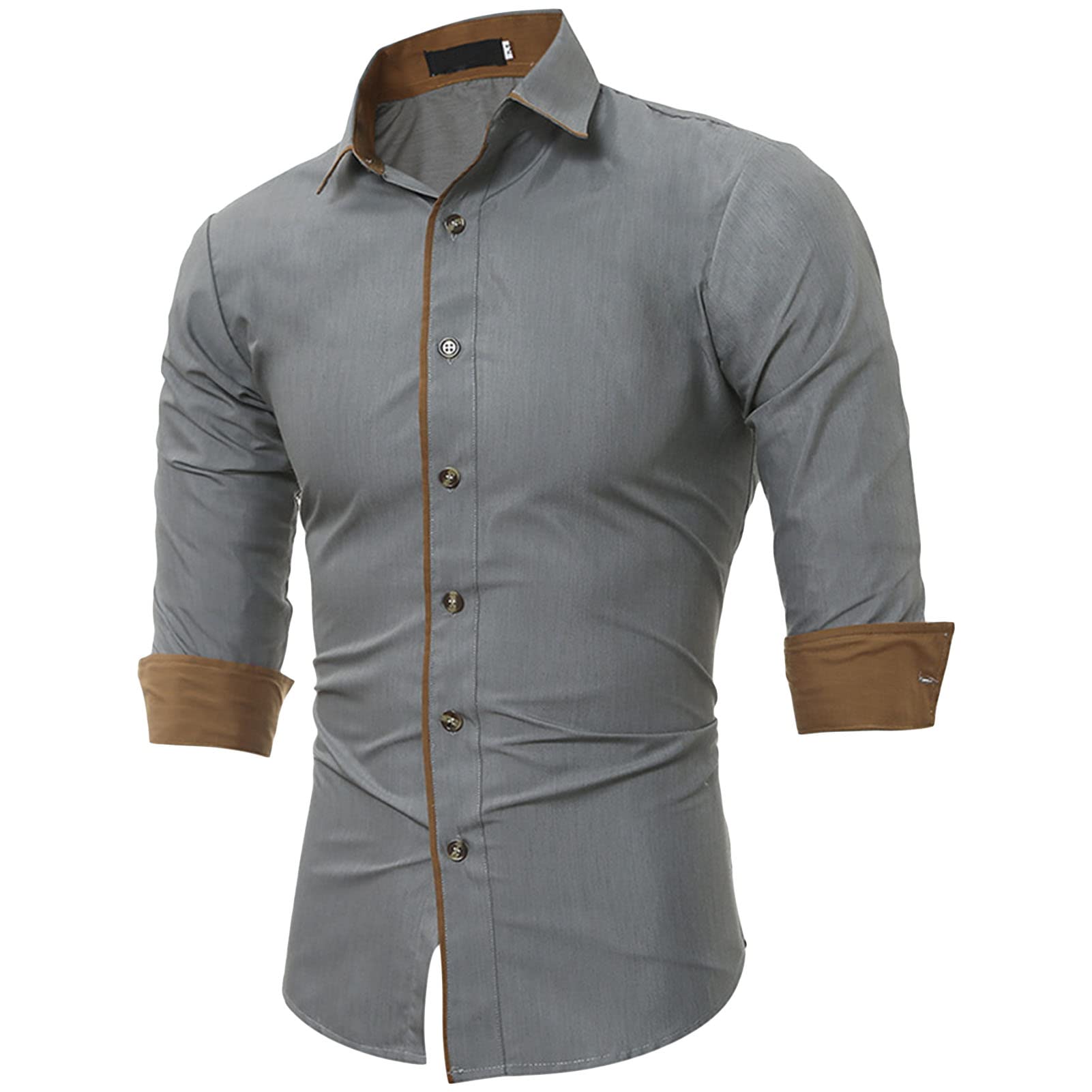 Men Roll Up Sleeve Stylish Shirts Casual Solid Color Lightweight Slim Shirt Classic Hiking Button Down Dress Shirt (Grey,X-Large)