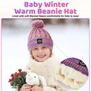 Baby Beanie Hat 3 Packs with Cute Smiley Face, Baby Winter Hat Fleece Lined,Toddler Beanie with Pom Pom for Girls Boys Rainbow Mix & Black Mix & Purple Mix