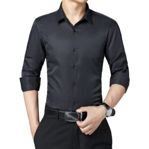 long sleeve stylish shirts for men solid color lightweight slim shirts classic business button down dress shirt (black,3x-large)