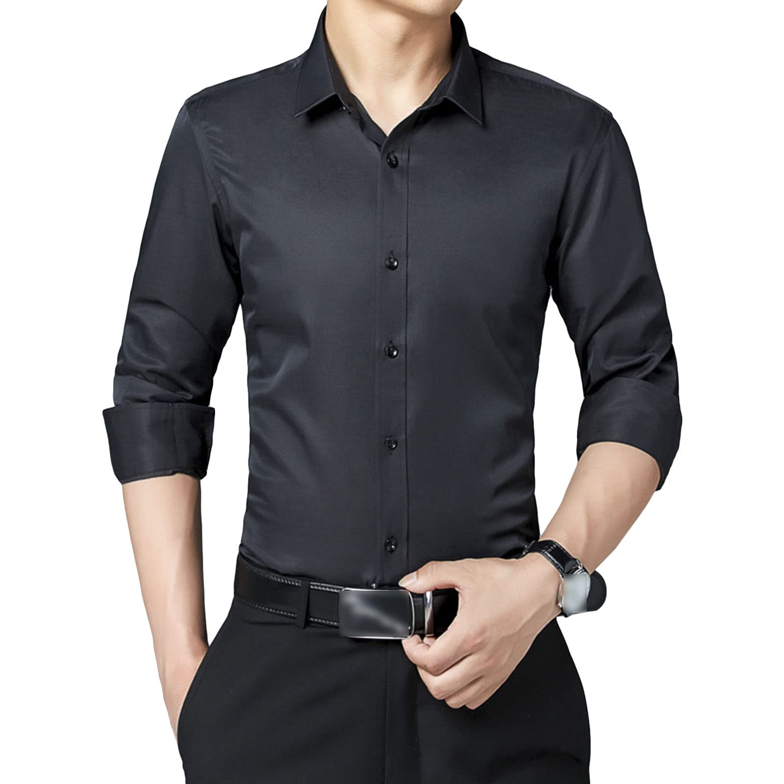 Long Sleeve Stylish Shirts for Men Solid Color Lightweight Slim Shirts Classic Business Button Down Dress Shirt (Black,3X-Large)