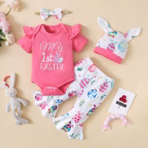 Aslaylme Newborn Girl Easter's Day Clothes Baby Easter Egg Flare Pant Outfit My 1st Easter's Day Bodysuit (Pink-1st,0-3 Months)