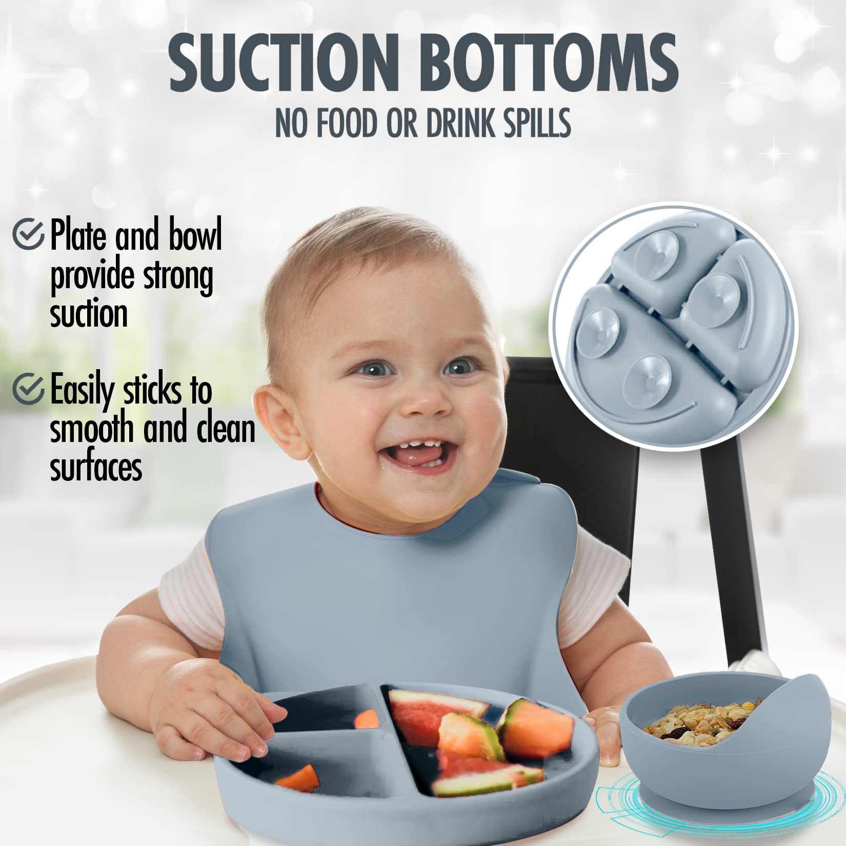 Blue Gray-10 Piece Silicone Baby Feeding Set-Baby Led Weaning Supplies-Baby Eating Supplies, Baby Plates/Toddler Plates, Bib, Sippy Cup, Baby Spoons First Stage 4 months, and Infant Silicone Fork