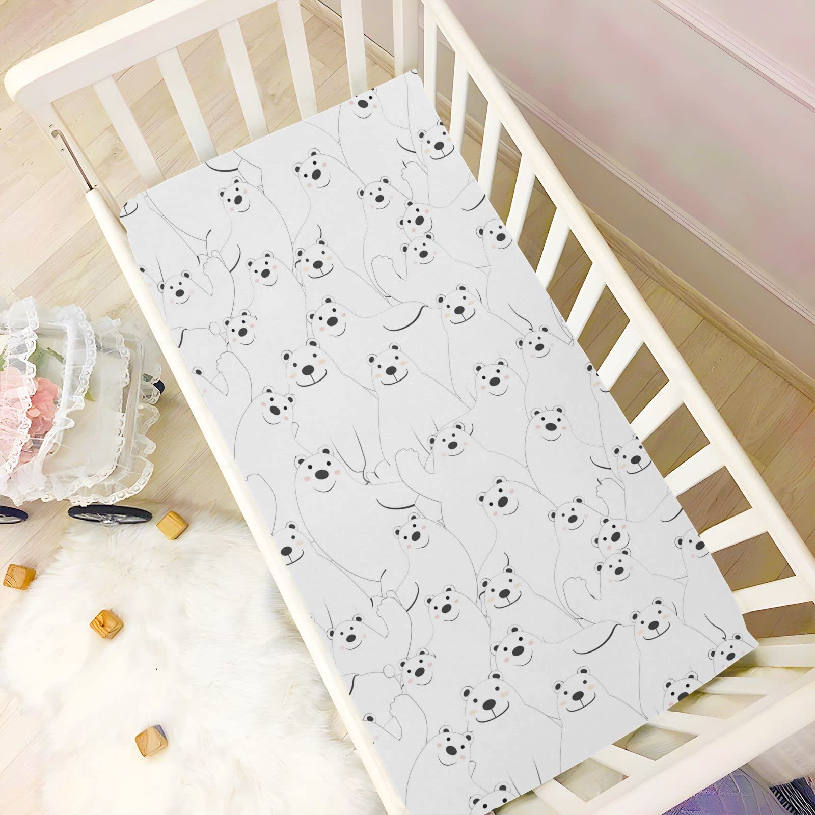 Cute Polar Bear Cartoon Seamless Pattern Baby Crib Sheets Soft Toddler Bed Sheets Breathable Mattress Cover Toddler Sheets for Nursery Stroller Crib Mattress Infant Unisex, 52 * 28 * 9in