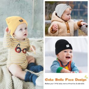 Hispeka Baby Beanie Hat 3 Packs with Cute Smiley Face, Toddler Girls Boys Baby Hats Winter, Kids Winter Hat Cold Weather Camel & Black & Light Grey