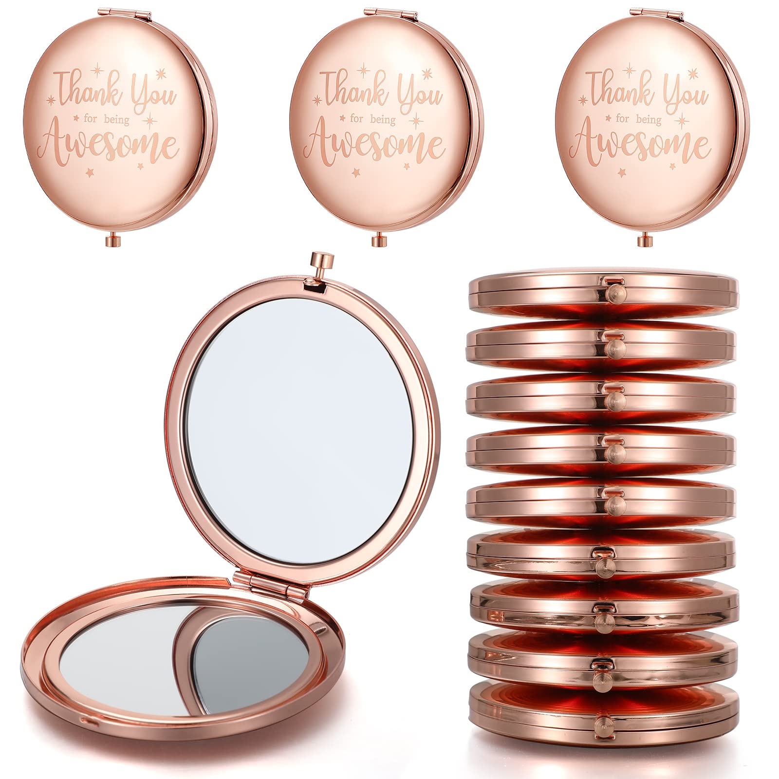 Roowest 12 Pcs Inspirational Compact Mirror Christmas Small Gifts for Women Bulk Thank You for Being Awesome Makeup Mirror for Purse Double Sided Travel Magnifying Pocket Mirror for Mom(Rose Gold)