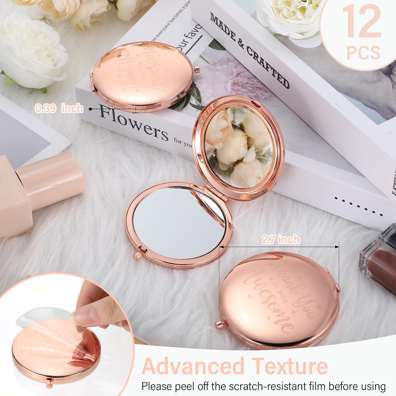 Roowest 12 Pcs Inspirational Compact Mirror Christmas Small Gifts for Women Bulk Thank You for Being Awesome Makeup Mirror for Purse Double Sided Travel Magnifying Pocket Mirror for Mom(Rose Gold)