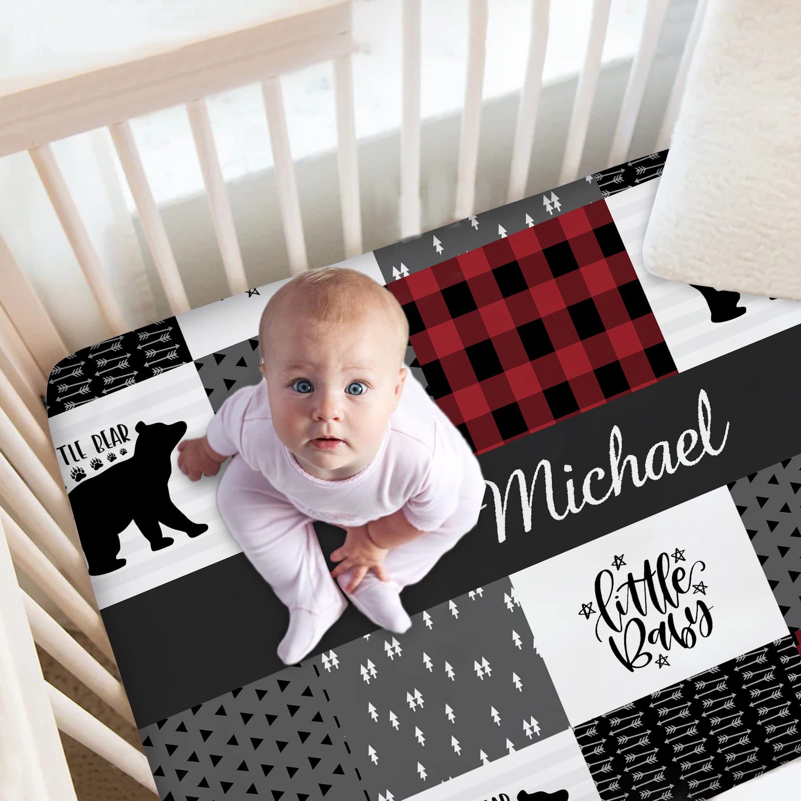 Personalized Woodland Bear Red Fitted Crib Sheets with Name, Custom Baby Crib Mattress Sheets for Boys and Girls, Baby Bedding Sets, Mini Name Crib Sheets for Standard Crib and Toddler Mattresses