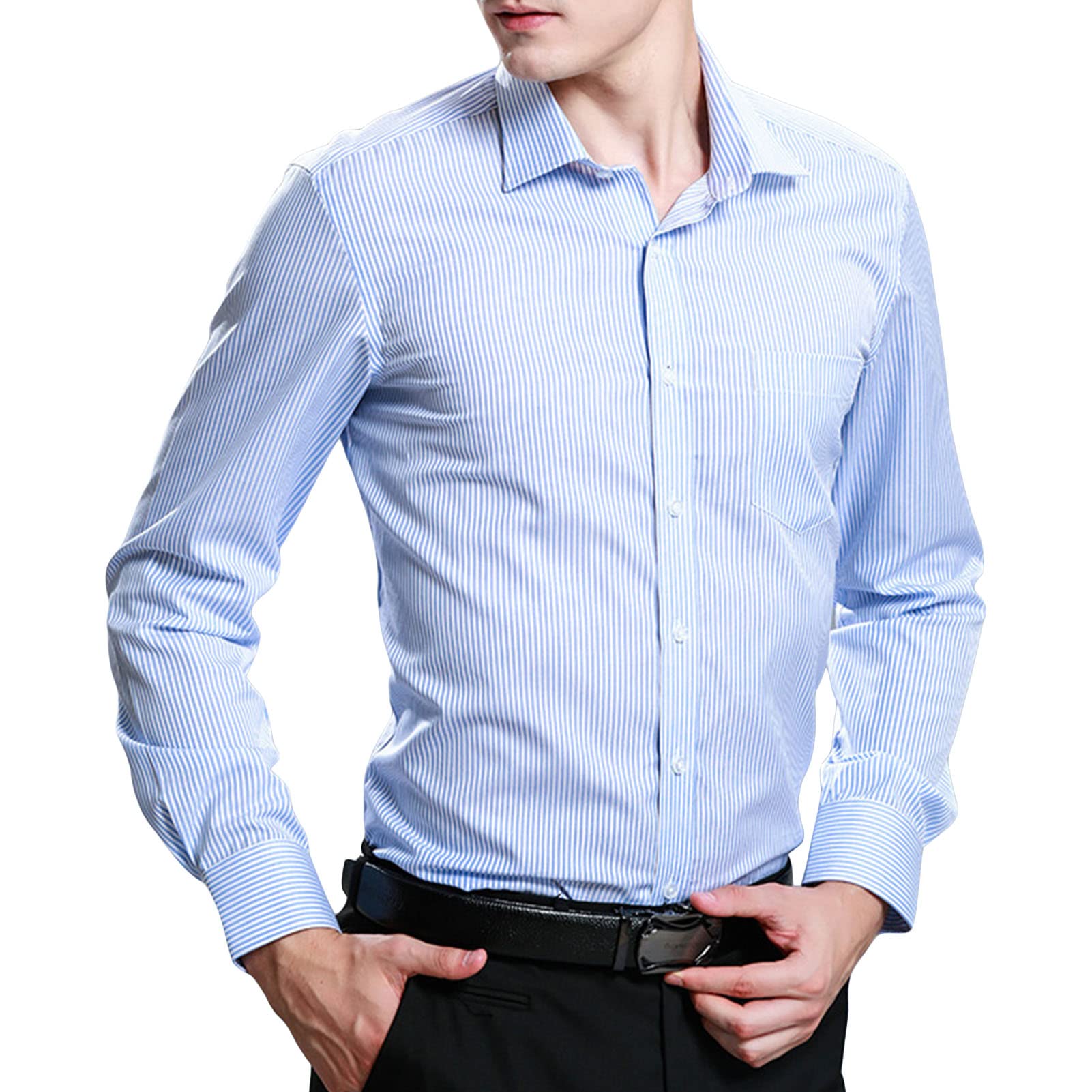 Men's Long Sleeve Button Down Shirts Solid Cotton Lightweight Slim Fit Shirts Classic Stylish Business Dress Shirt (Blue,Small)