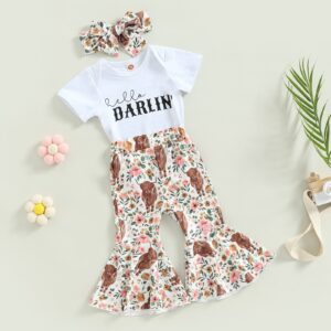 Lamuusaa Western Baby Girl Clothes Short Sleeve Romper Cow Print Flared Pants Bell Bottoms Headband 3Pcs Summer Outfit (White, 0-3 Months)