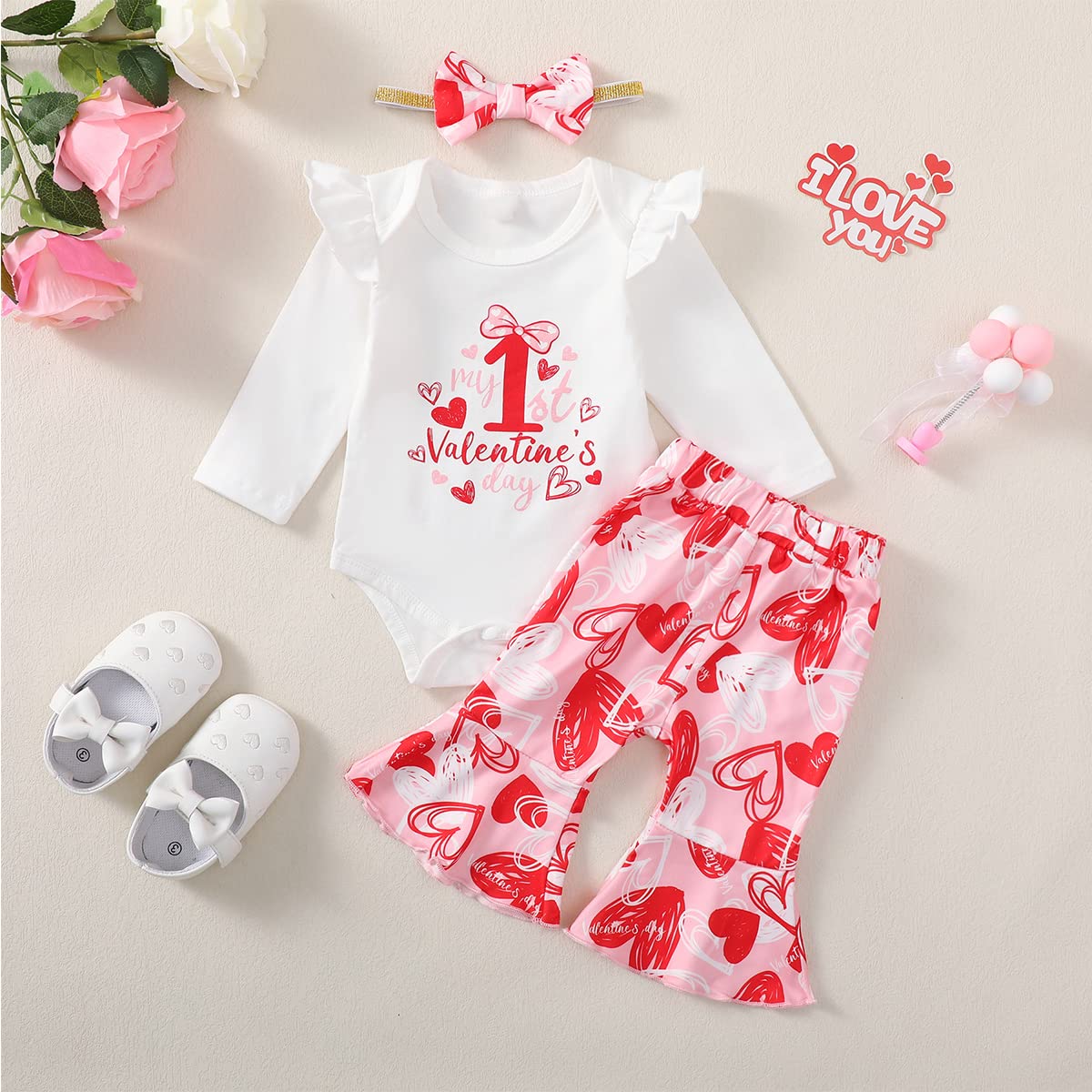 Aslaylme Newborn Girl Valentine Day Clothes Baby My 1st Valentine's Day Flare Pant Outfit (Red, 0-3 Months)