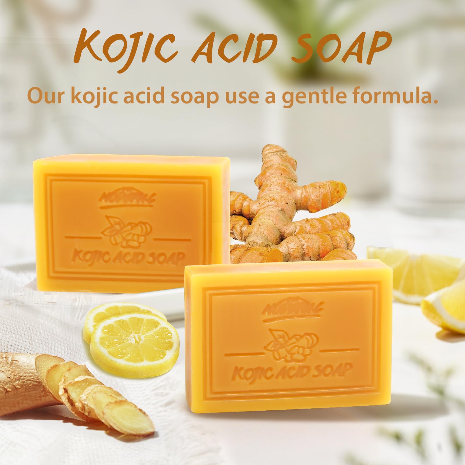 POP MODERN.C Kojic Acid Soap Turmeric Soap for Face and Body Vitamins C Soap for Acne Blackheads Christmas Gifts 2x100g Soaps 1pc Mesh Soap Pouch and Wooden Soap Holder